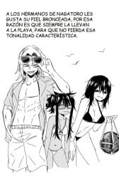 1boy 2girls alternate_universe brother_and_sister female glasses hayase_nagatoro long_hair male mao_diosa medium_breasts misaki_nagatoro muscular muscular_male no_color older_brother older_sister please_don't_bully_me,_nagatoro short_hair siblings small_breasts spanish_text sunglasses taiga_nagatoro text text_bubble watermelon younger_sister