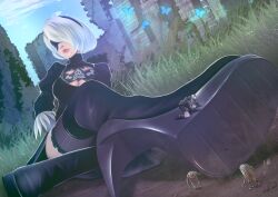 1boy 1girls 2d 2d_(artwork) big_breasts blindfold breasts clothed clothing female giantess hairband light-skinned_female light-skinned_male light_skin macro male micro nier nier:_automata nier_(series) ondieony short_hair size_difference thighhighs white_hair yorha_2b yorha_9s