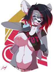 2015 anthro big_breasts blue_eyes breasts canine clothing collar ear_piercing female jacket lactation leokingdom looking_at_viewer mammal milk navel nipples open_jacket piercing red_highlights shirt shirt_lift solo wolf