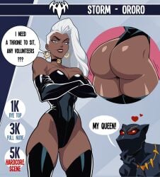 1boy 1girls african african_female ass ass_focus big_ass black_leotard black_panther_(marvel) black_panther_(series) breaking_the_fourth_wall canon_couple choker clothed couple dark-skinned_female dark-skinned_male dark_skin earrings elbow_gloves english_dialogue english_text female hearts_around_head hi_res leotard lightning_bolt lingeriejumpsuit long_hair male marvel marvel_comics marvel_rivals ororo_munroe pixiqueenie speech_bubble storm_(marvel_rivals) storm_(x-men) t'challa talking_to_viewer thigh_boots thong_leotard white_eyes white_hair x-men
