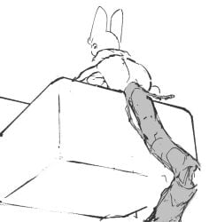 ambiguous_gender anthro anus ass balcony excessive_feces feces fur hyper hyper_feces kneeling lagomorph leporid long_ears looking_back looking_down mammal monochrome nude nude_anthro rabbit scat scatplay simple_background solo tiosqr