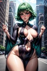 1girls ai_generated areolae_slip breasts cleavage dress female female_only fit fit_female green_eyes green_hair highres looking_at_viewer medium_breasts navel nipple_bulge nipples_visible_through_clothing one-punch_man seductive_look short_hair solo solo_focus supr3metr tatsumaki thick_legs thick_thighs thighs wide_hips