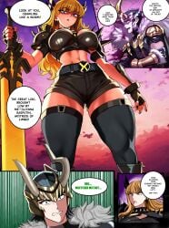 angry aware black_hair black_nail_polish blonde_hair blood blue_eyes breasts cape charuzuart_ comic defeated earrings english_text femdom fingerless_gloves gloves green_eyes helmet horns jewelry large_breasts loki loki_(marvel) long_hair magik marvel marvel_comics marvel_rivals midriff nail_polish navel non-binary nonbinary_(lore) possessionhub speech_bubble sword tagme text thighhighs thighs weapon x-men