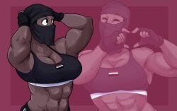 abs dark-skinned_female dark_skin female female_focus female_only hellonearthiii iraqi_flag masked masked_female muscle_girl muscles muscular muscular_arms muscular_female niqab pripyatory_(hellonearthiii) sports_bra sportswear uzi_(hellonearthiii)