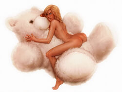 ambiguous_gender androgynous anus ass blonde_hair jahi long_hair male_only martin_(yuni) micro muhamaru_yuni nude plush shrunken_male sitting soft_shading teddy_bear yuni