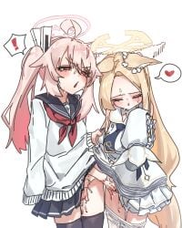 ! 2girls absurdres ahoge animal_ears black_skirt black_thighhighs blonde_hair blue_archive cardigan closed_eyes clothes_lift clothes_pull dress dress_lift female fingering fox_ears fox_girl fox_tail halo heart highres ilyowal long_hair multiple_girls mutual_masturbation natsu_(blue_archive) neckerchief pantyhose pantyhose_pull pink_hair pink_halo red_eyes red_neckerchief seia_(blue_archive) side_ponytail simple_background skirt skirt_lift spoken_exclamation_mark spoken_heart tail thighhighs white_background white_cardigan white_dress white_pantyhose yellow_halo yuri
