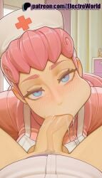 1girls 2025 ai_generated artist_name blowjob blowjob_face blush cum dark-skinned_female electroworld fellatio female hi_res high_quality high_resolution highres licking nurse_joy oral oral_sex patreon patreon_username pink_hair pokemon stable_diffusion straight sucking watermark