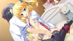 aqua_eyes black_legwear blonde_hair blush censored elise_rosenthal flat_chest game_cg gotou_nao handjob minami_juujisei_renka mutual_masturbation panties thighhighs tied_hair twintails