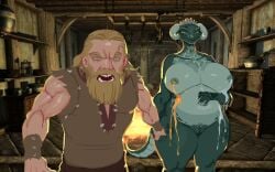 anthro argonian ass bethesda_game_studios big_breasts big_butt bodily_fluids breasts digital_drawing_(artwork) digital_media_(artwork) duo female hand_holding hi_res human humanoid interspecies interspecies_pregnancy lactating male male/female mammal microsoft milk non-milk_lactation pregnant scalie skyrim smolevn tail the_elder_scrolls