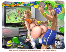 anus ass blonde_hair blue_eyes brazil brazilian_flag breasts color dialogue hair happy human light-skinned_female light_skin mvp netherlands neymar_da_silva_santos_júnior nipples red_hair sex skin_tight soccer tan-skinned_male tan_skin text tv vagina world_cup