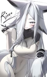 animal_ears artist_name black_gloves blue_eyes blush bottomless breasts bunny_ears cleavage dya_rikku_(vtuber) female gloves hair_censor hair_over_one_eye large_breasts long_hair looking_at_viewer navel nude shinkaisei-kan signature silver_eyes silver_hair smile solo striped tail very_long_hair virtual_youtuber vyugen white_hair white_skin