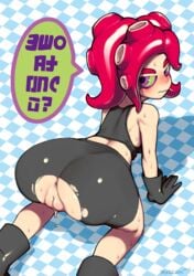 2015 all_fours anthro anus artist_name ass big_ass bike_shorts blush boots breasts cephalopod cephalopod_humanoid checkered_background dialogue female gloves green_sclera humanoid long_hair looking_at_viewer looking_back mask_(marking) nintendo octarian octoling octoling_girl octoling_rival octopus purple_eyes pussy pussy_juice red_hair short_hair shorts simple_background solo splatoon suction_cup sweat taikodon tank_top tentacle tentacle_hair torn_clothes