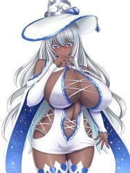 1girls 2024 arm_sleeves big_breasts blue_eyes blush dark-skinned_female dark_skin female female_only legwear long_hair looking_at_viewer original original_character revealing_clothes rough_(riferio) sideboob silver_hair smiling smiling_at_viewer solo white_background white_eyelashes white_hair witch_hat