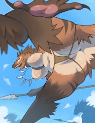 absurd_res anthro anus ass big_breasts breasts clothed clothing dinosaur dromaeosaurid featureless_breasts female female_focus fur group hi_res melee_weapon paws polearm prehistoric_species reptile scalie solo_focus spear teeth theropod thick_thighs weapon yarney