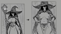 1girls 2girls ai_generated big_breasts black_and_white black_hair breasts cloak crotch_tattoo female female_only hat long_hair mr_none nipples pubic_tattoo solo_female staff tattoo trembling witch_hat