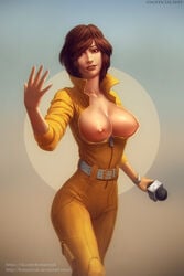 april_o'neil april_o'neil_(tmnt_1987) belt bodysuit breasts brown_hair casual electronics female human kostanryuk large_breasts microphone nipples outerwear pale_skin short_hair solo standing teenage_mutant_ninja_turtles tmnt_1987 wristwear
