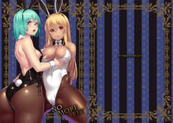 2girls animal_ears ass ass_grab bare_back bare_shoulders black_legwear blonde_hair blush border bowtie breast_grab breasts bunny_ears bunny_girl bunny_tail bunnysuit cameltoe caught cleavage covered_navel cowboy_shot curvy dark_skin detached_collar duo erect_nipples fake_animal_ears female fishnet_pantyhose fishnets from_behind glasses green_hair highres houtengeki huge_ass large_breasts long_hair looking_at_viewer multiple_girls open_mouth original pantyhose plump purple_eyes red_eyes shiny shiny_pantyhose short_hair sideboob small_breasts striped_background tail teeth thick thick_thighs wide_hips wrist_cuffs yuri