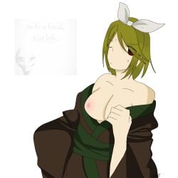1girls angry annoyed_expression bare_shoulders breasts brown_kimono eye_closed female female_only hair_ribbon looking_at_viewer masa_works_design meme_in_the_background nipples off_shoulder oni_to_kitsune_no_hanashi red_eyes self_upload shikyou_amanojaku solo solo_female sweat undressing white_bow white_ribbon yellow_hair zedlikesdihh