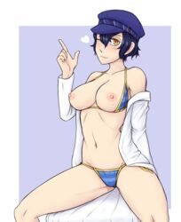 1girls bikini bikini_under_clothes blue_hair blush breasts breasts_out hat heart index_finger_raised ittla labcoat looking_at_viewer megami_tensei navel nipples persona persona_4 shadow_naoto shadow_self_(persona) shirogane_naoto short_hair side-tie_bikini sitting smile striped striped_bikini swimsuit wink yellow_eyes