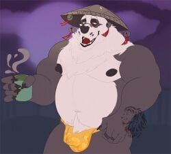 1boy anthro areola asian_conical_hat bear belly belly_tuft biped bulge clothed clothing detailed_bulge eyewear fur giant_panda glasses hat haviklion headgear headwear male male_anthro mammal mihoyo multicolored_body multicolored_fur musclegut muscular navel nipples overweight pan_yinhu pecs solo thong topless topless_anthro topless_male tuft underwear zenless_zone_zero