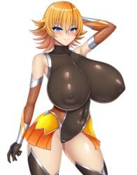 1girls 2023 armwear big_breasts blue_eyes blush breasts breasts_bigger_than_head female female_only fishnets hand_behind_head huge_breasts igawa_sakura legwear leotard looking_at_viewer nipple_bulge orange_hair rough_(riferio) smiling smiling_at_viewer solo taimanin_(series) taimanin_asagi taimanin_asagi_battle_arena white_background