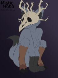 artist_request black_eyes furry furry_female gradient_background grey_background hooves horns large_ass large_breasts looking_at_another mask mistic_hobo_(artist) mistichobo mythological_creature mythology nude nude_female simple_background skull skull_mask three_tone_fur wendigo
