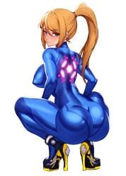 1girls ass back_view big_ass blonde_hair blue_eyes bodysuit breasts erect_nipples erect_nipples_under_clothes female heels looking_at_viewer looking_back metroid nintendo nipples ponytail samus_aran sideboob skin_tight solo squatting tight_clothing volyz zero_suit