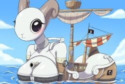:3 big_breasts big_butt big_eyes blue_sky blush blushing breasts cannon cloud clouds eyelashes female female_focus female_only goat goat_eyes goat_girl golden_merry horns huge_ass huge_breasts humanoid long_neck neck ocean ocean_background one_piece pirate pirate_flag pirate_ship shadow solo solo_female solo_focus thick_ass thick_butt thick_hips zerokun135