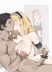1boy 1girls armband big_breasts blonde_hair blush caught censor_bar centaureissi_(girls'_frontline_2) closed_eyes cum cum_on_hand dark-skinned_male female g36_(girls'_frontline) girls'_frontline girls'_frontline_2:_exilium gloved_handjob gloves grabbing_another's_breast handjob kissing large_breasts light-skinned_female maid maid_headdress naked nipples oritec penis springfield_(girls'_frontline) sweat