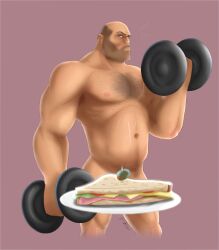 bald bara beefy belly broad_shoulders censored censored_penis chest_hair emi-ookami exercising heavy_weapons_guy lifting_dumbbell lifting_weights male muscular muscular_male nude penis sandvich solo stubble team_fortress_2 working_out yaoi