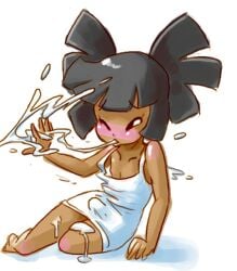 2boys after_blowjob black_hair blowjob cum cum_on_face cum_while_sucking dark-skinned_male dark_skinned_femboy erection_while_cumshot femboy male male_on_femboy male_on_male minus8 minus8_(character) naked_male ponytails tagme unseen_male_face white_shirt
