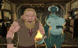 anthro argonian ass bethesda_game_studios big_breasts big_butt bodily_fluids breasts duo female hand_holding hi_res human humanoid interspecies interspecies_pregnancy lactating male male/female mammal microsoft pregnant scalie skyrim smolevn tail the_elder_scrolls