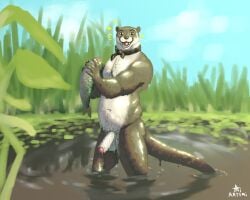 absurd_res anthro artemi body_hair chest_hair echo_(series) echo_project fish fishing genitals hi_res holding_fish kerchief kerchief_only lake looking_at_viewer male mammal marine mostly_nude mustelid navel nude otter outside partially_submerged penis pubes slightly_chubby smile smiling_at_viewer solo the_smoke_room todd_bronson wet wet_body