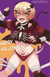 devil_wings nefardae project_sekai purple_background succubus_tattoo tenma_tsukasa tied_up_(nonsexual) tremble_spikes twink