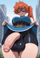 1girls ai_generated balls balls_visible_through_clothing big_balls big_breasts big_penis breasts crotch_cutout female futanari hero_outfit_(mha) hole_in_pants intersex itsuka_kendou my_hero_academia orange_hair penis starskyai