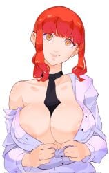 1girls 2022 2d areola_slip areolae big_breasts blank_expression blank_eyes blank_stare breasts chainsaw_man cleavage clothing color female female_only head_tilt huge_breasts large_breasts light-skinned_female light_skin looking_at_viewer makima_(chainsaw_man) necktie necktie_between_breasts nipple_bulge nipples open_clothes open_shirt oppaiartstudio red_hair simple_background smile solo solo_female unbuttoned unbuttoned_shirt undressing unusual_anatomy unusual_eyes unusual_pupils white_background