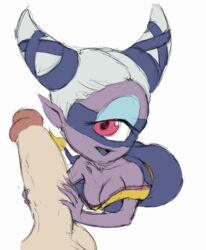 1_eye breasts cleavage cyclops female fuumin hair handjob human human_on_humanoid humanoid insomni interspecies level-5 male mammal pale-skinned_male pale_skin penis pienji purple_skin red_eyes white_hair yo-kai_watch youkai youkai_watch