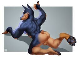 anthro ass axelll balls black_body black_fur brown_body brown_fur canid canine canis dobermann domestic_dog fur furnedon genitals gesture grey_background hand_gesture looking_at_viewer looking_back male male_anthro mammal muscular muscular_anthro muscular_male nude_anthro nude_male pawpads paws pinscher rear_view simple_background smile solo thumbs_up white_background