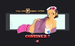 absurdres after_sex annoyed bags_under_eyes breasts brown_eyes brown_hair coffee coffee_mug cum cum_in_pussy cup emi_(fighting_vipers) english_text female fighting_vipers fighting_vipers_2 goggles goggles_on_head hand_on_own_hip highres implied_after_sex large_breasts looking_to_the_side lying mug nail_polish on_side pink_socks pout purple_shirt red_lips sega shiny_skin shirt shirt_aside short_hair signature simple_background socks steam sticker_on_face theonehornedimp