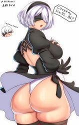1boy 1girls 2d 2d_(artwork) android android_girl anisdrawn ass ass_focus blindfold breasts english_text female hi_res hips hourglass_figure huge_ass huge_breasts leotard light-skinned_female light_skin looking_back male mature_female nier nier:_automata nier_(series) nosebleed plump_ass short_hair slim_waist text thick_thighs thighhighs thighs white_hair wide_hips yorha_2b yorha_9s