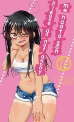 1girls alternate_universe black_hair black_panties breasts dark-skinned_female embarrassed embarrassed_female erect_nipples erect_nipples_under_clothes female glasses hayase_nagatoro long_hair manga_cover mao_diosa medium_breasts nerdy nerdy_female nipples nipples_visible_through_clothing no_bra panties please_don't_bully_me,_nagatoro shorts sole_female tagme tan_body tan_skin tanned tanned_female tanned_girl thick_thighs thighhighs thighs visible_nipples yellow_eyes