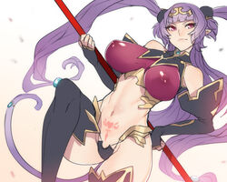 armor ban breasts female large_breasts navel nipples nipples_visible_through_clothing panties pink_eyes pointy_ears purple_hair solo tattoo thighhighs tied_hair twintails