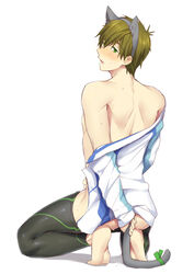 1boy anal animal_ears ass blush buttplug_tail cat_ears cosplay dildo fake_animal_ears free! from_behind funikurikurara green_eyes green_hair human jammers looking_at_viewer male male_only sex_toy solo squatting sweat swimsuit tachibana_makoto tail undressing