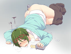 anal anal_object_insertion ass breath cum cum_on_lower_body dildo drooling funikurikurara glasses glasses_on_head gradient_background green_hair heavy_breathing human idolmaster idolmaster_side-m male male_only object_insertion pants_down red-framed_glasses saliva sex_toy solo tears yamamura_ken