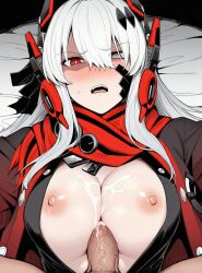1boy ai_generated blush breasts cum cum_on_body cum_on_breasts female fluffyhairenjoyer grey_eyes hair_between_eyes hair_ornament headgear heterochromia jacket large_breasts long_hair looking_at_viewer lucia:_crimson_abyss_(punishing:_gray_raven) lying nipples on_back open_mouth paizuri penis pov punishing:_gray_raven red_eyes red_jacket red_scarf scarf solo_focus straight uncensored veins veiny_penis white_hair
