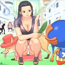 2girls 5boys black_hair chocolat_(one_piece) cleavage demalo_black drip_(one_piece) fake_straw_hats_crew female food gabu_(artist) hat male manjaro_(one_piece) multiple_girls nico_robin nora_gitsune one_piece post-timeskip sarong tony_tony_chopper upskirt