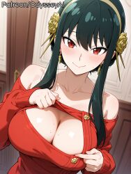 1girls ai_generated big_breasts breasts cleavage clothed clothing female female_only hair hair_ornament large_breasts looking_at_viewer odysseyai red_eyes revealing_clothes smile smiling spy_x_family sweat teasing teasing_viewer yor_briar yor_forger