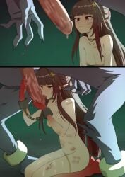 1girls after_vaginal animal_penis areolae bad_end big_penis breasts brown_hair crying cuffs cum defeated defeated_heroine female female_focus fur hi_res highres honkai:_star_rail honkai_(series) kneeling licking licking_penis light-skinned_female light_skin lingsha_(honkai:_star_rail) long_hair mihoyo multiple_views nipples nude nude_female oral oral_sex penis sex shackles tears thighs torn_clothes torn_clothing uncensored yamomo yamomono zoophilia