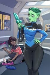 2girls alien beckett_mariner blue_shirt brown_hair canine_penis d'vana_tendi dark_skin dildo female flashlight freckles green_eyes green_hair green_skin horsecock human humanoid imminent_sex lcars orion_(species) penis ponytail red_hairband red_shirt sex_toy sleeves_rolled_up star_trek star_trek_lower_decks starfleet_insignia starfleet_rank_pip starfleet_uniform strap-on tagme temporalwolf undercut