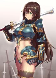 armor bikini_armor black_gloves breasts brown_hair brown_legwear female footwear gauntlets gloves gradient_background greaves green_eyes hair_ornament handwear highres holding_sword holding_weapon houtengeki long_hair looking_at_viewer navel original over_shoulder pauldrons shoulder_armor solo sword thighhighs very_long_hair weapon weapon_over_shoulder